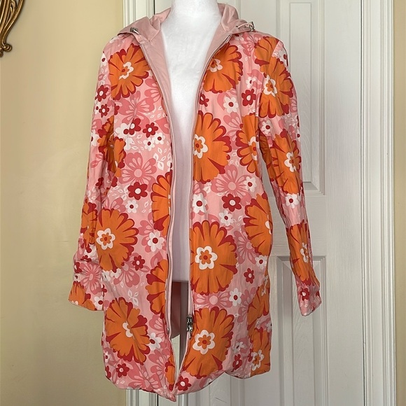 Anne Klein Reversible Hooded Raincoat Floral Multicolor/ Pastel Pink Vintage M - Picture 6 of 16